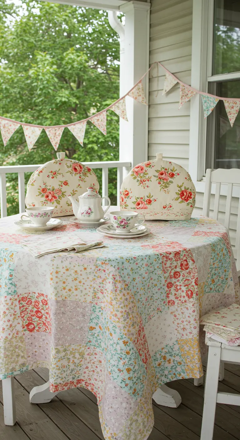 A patchwork quilt with floral patterns used as a tablecloth for a garden tea party.