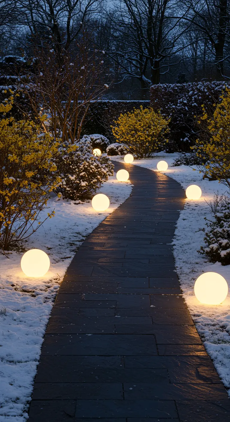 A dark stone path through a snowy garden, lined on both sides with glowing orbs.