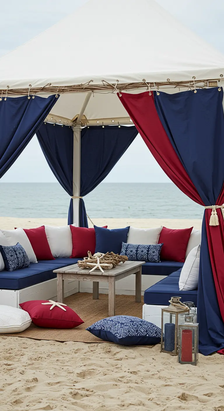 A beach canopy tent decorated with red and navy curtains, filled with patriotic pillows and a driftwood table.