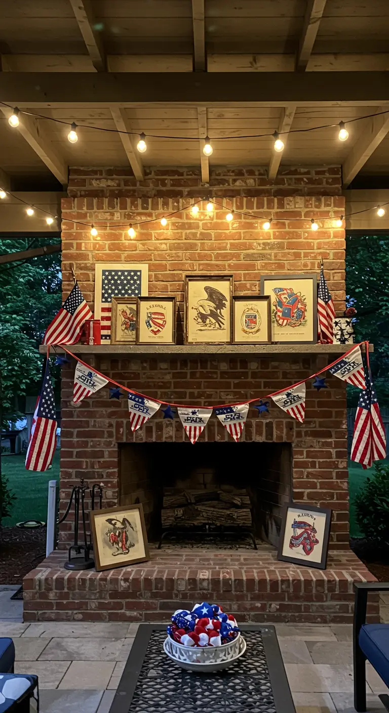 Outdoor brick fireplace with a patriotic banner, flags, and vintage art.