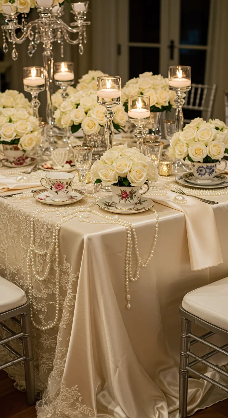 An elegant tea table with a satin tablecloth, pearl strands, and cream roses in teacups.