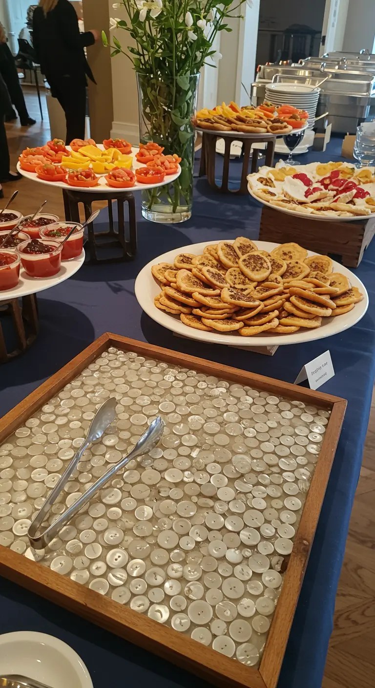 A wooden serving tray lined with hundreds of pearly white buttons set in clear resin.