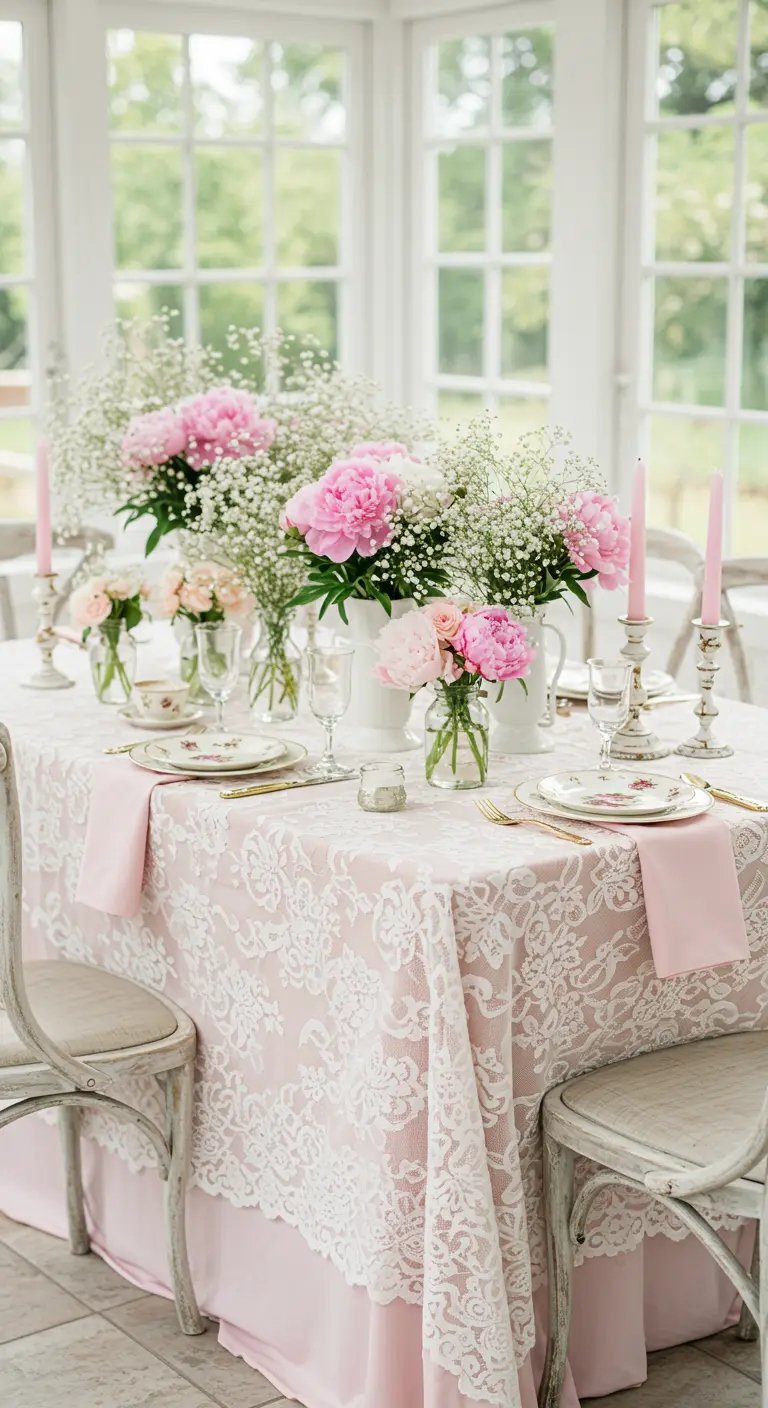 Tablescape with pink peonies, a pink tablecloth, and a white lace overlay.