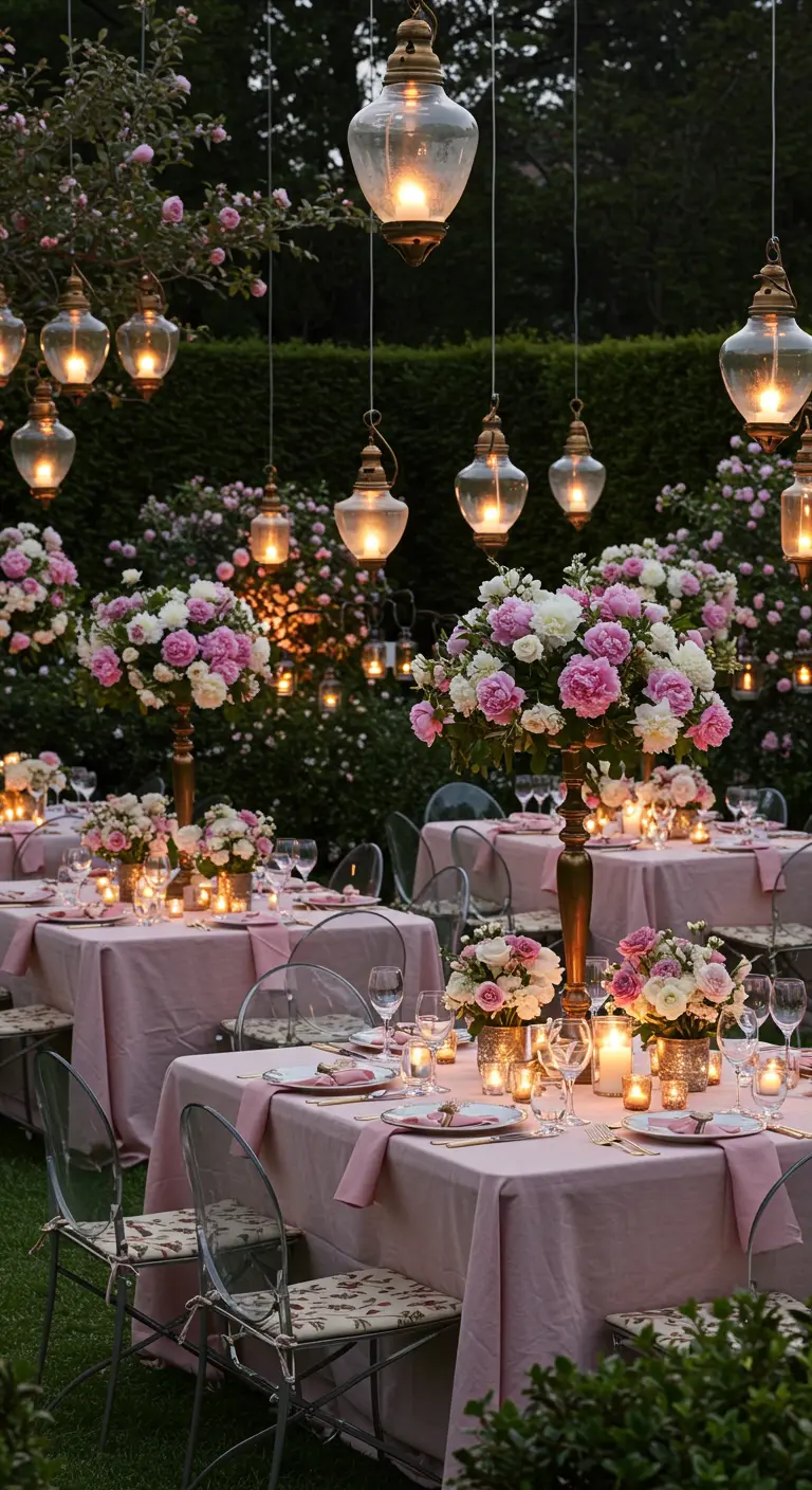 Romantic garden party with pink tablecloths, large floral centerpieces, and glass lanterns.