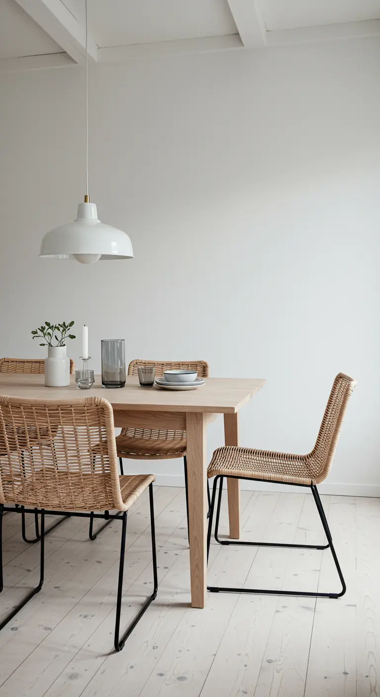 Minimalist Scandinavian dining room with light wood table and woven chairs with black legs.