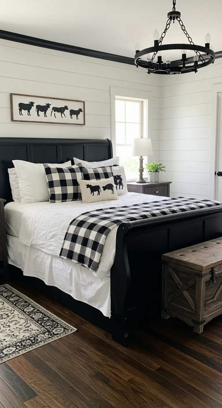 Modern farmhouse bedroom with a black sleigh bed, shiplap walls, and buffalo check pillows.