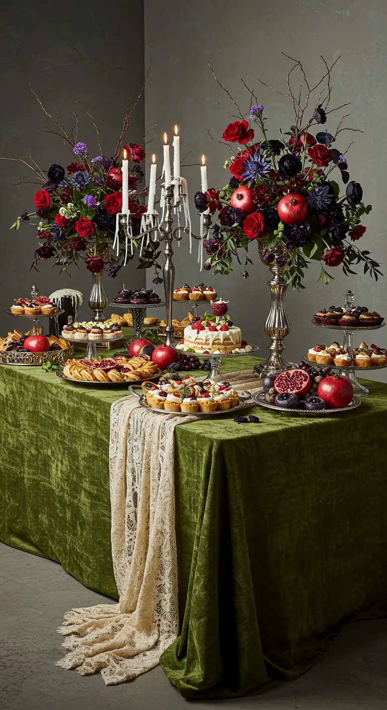 A Halloween dessert table on an olive green velvet cloth, decorated with pomegranates and dark flowers.