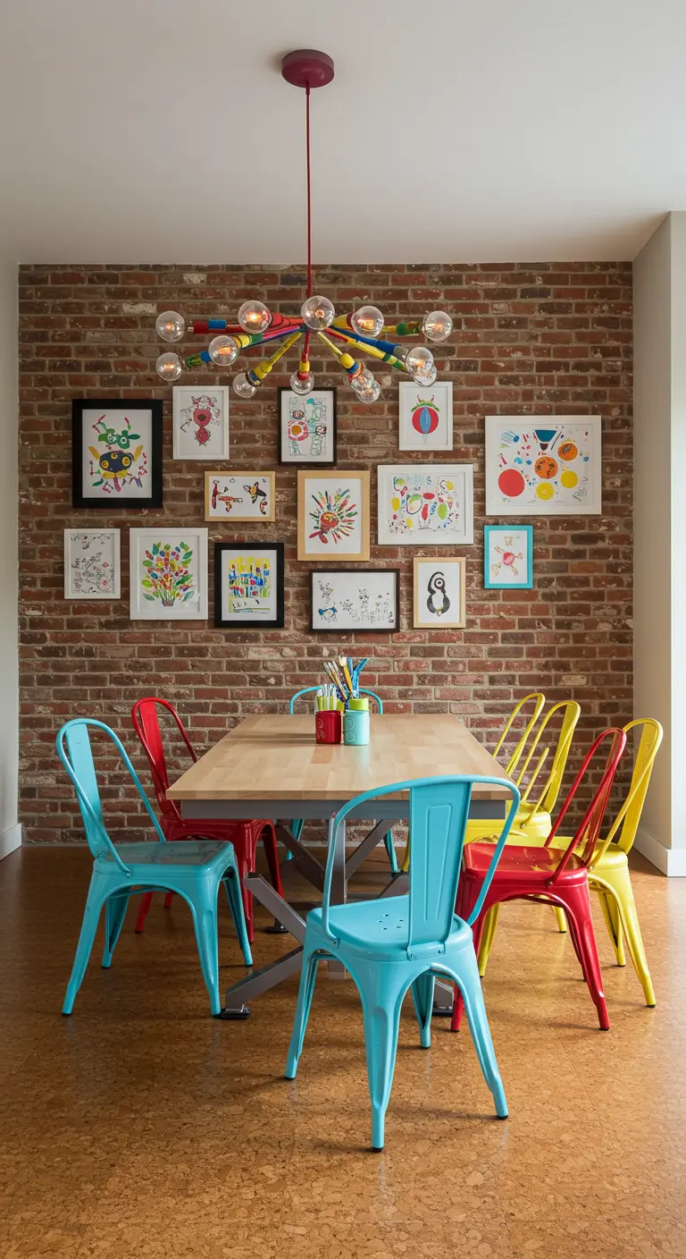 Dining room brick wall decorated with a gallery of colorful children's artwork.