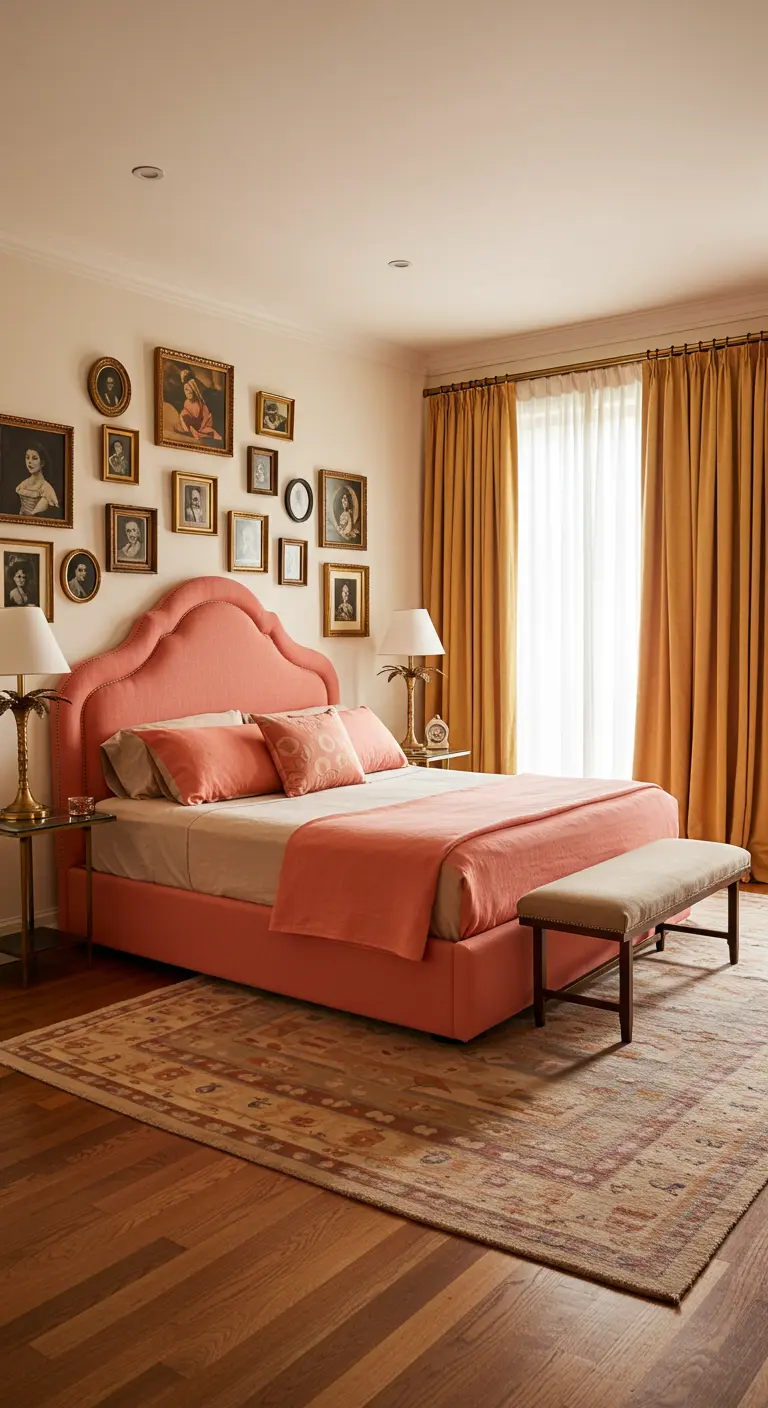 A coral-pink bed with a gallery wall of small vintage portraits arranged above it.