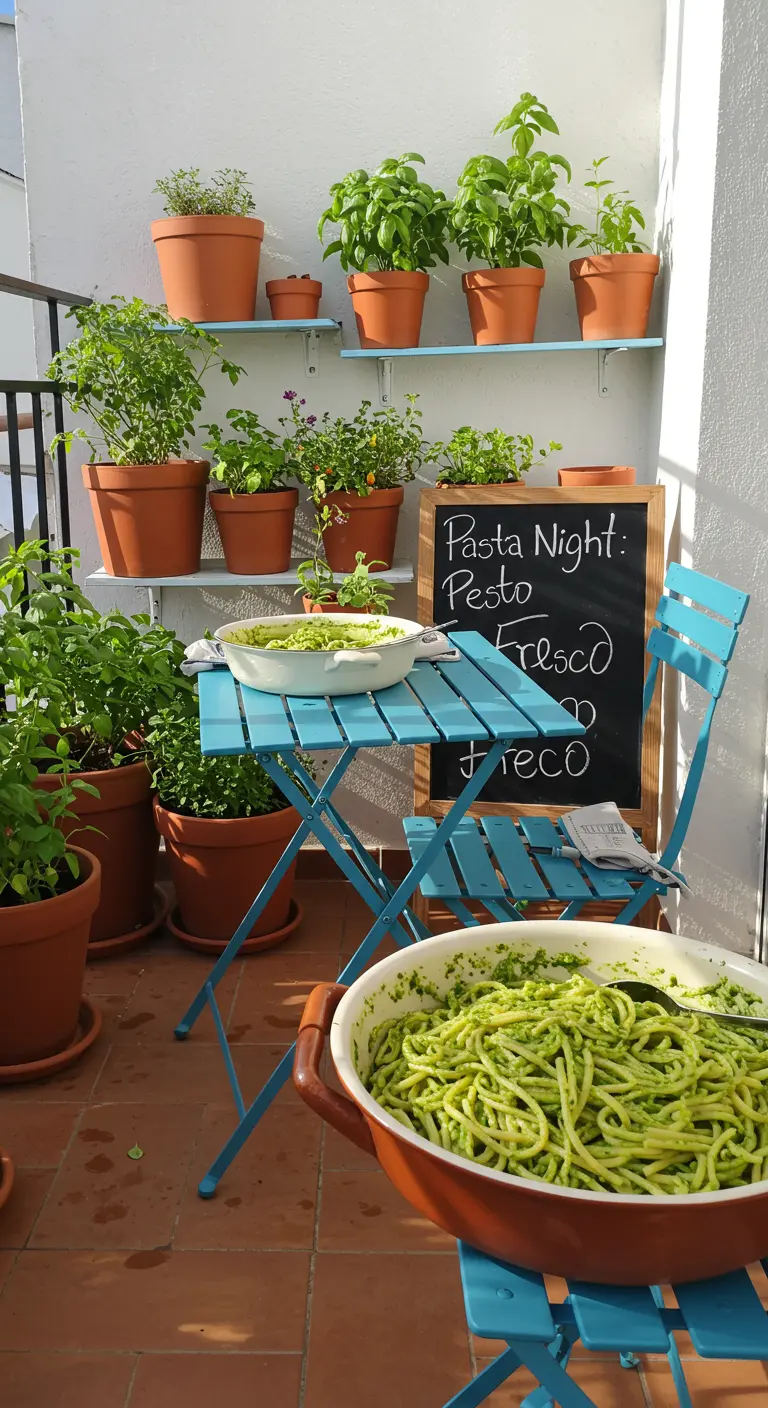 A sun-drenched balcony with shelves of terracotta pots filled with basil, and a blue bistro set.