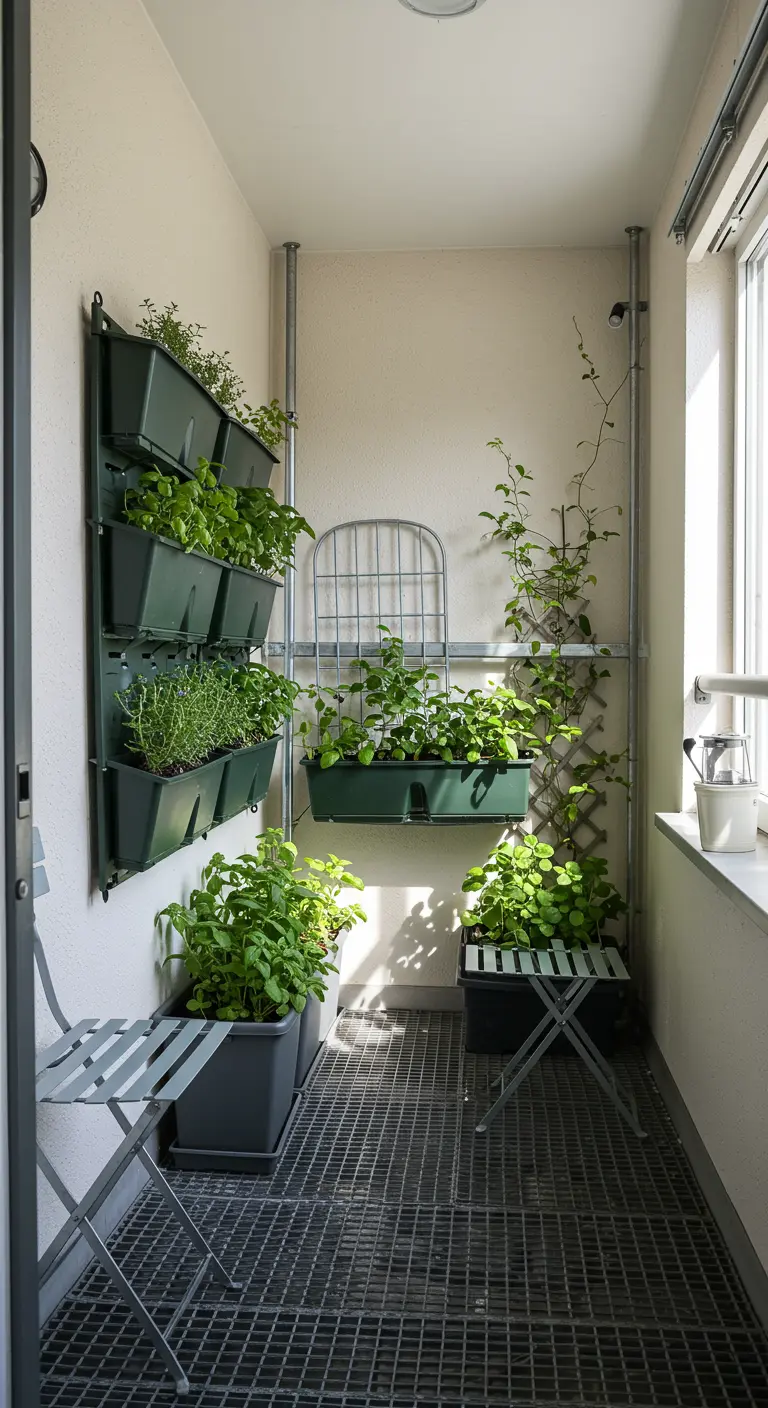 Narrow apartment balcony with vertical herb garden, small metal chairs, and compact trellis.