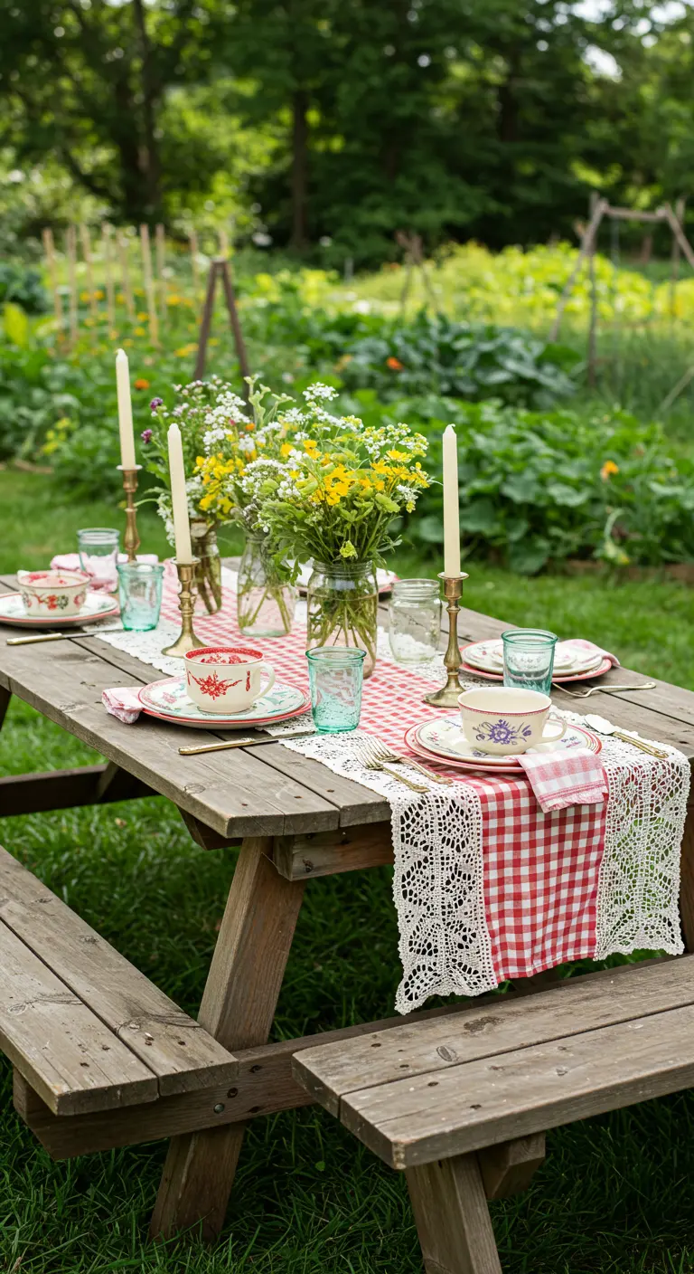 Picnic table with a red gingham and lace runner, set for a party.