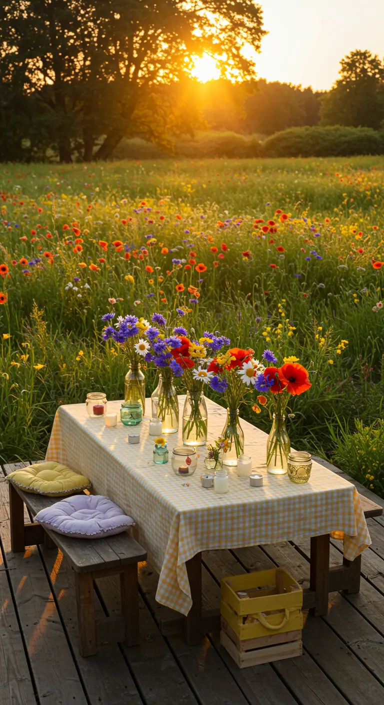 A table set with a gingham cloth and wildflower bouquets in a meadow at sunset.