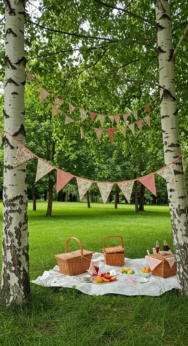 A floral and pink fabric pennant banner strung between two birch trees for a picnic.