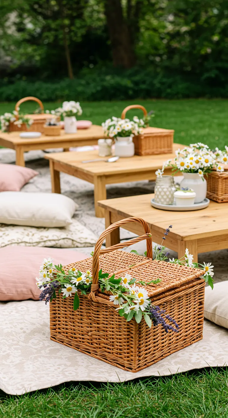 A wicker picnic basket decorated with fresh daisies and lavender for a garden party.