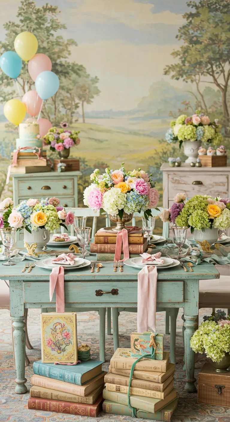 A whimsical party table with pastel books, flowers, balloons, and a vintage aqua table.