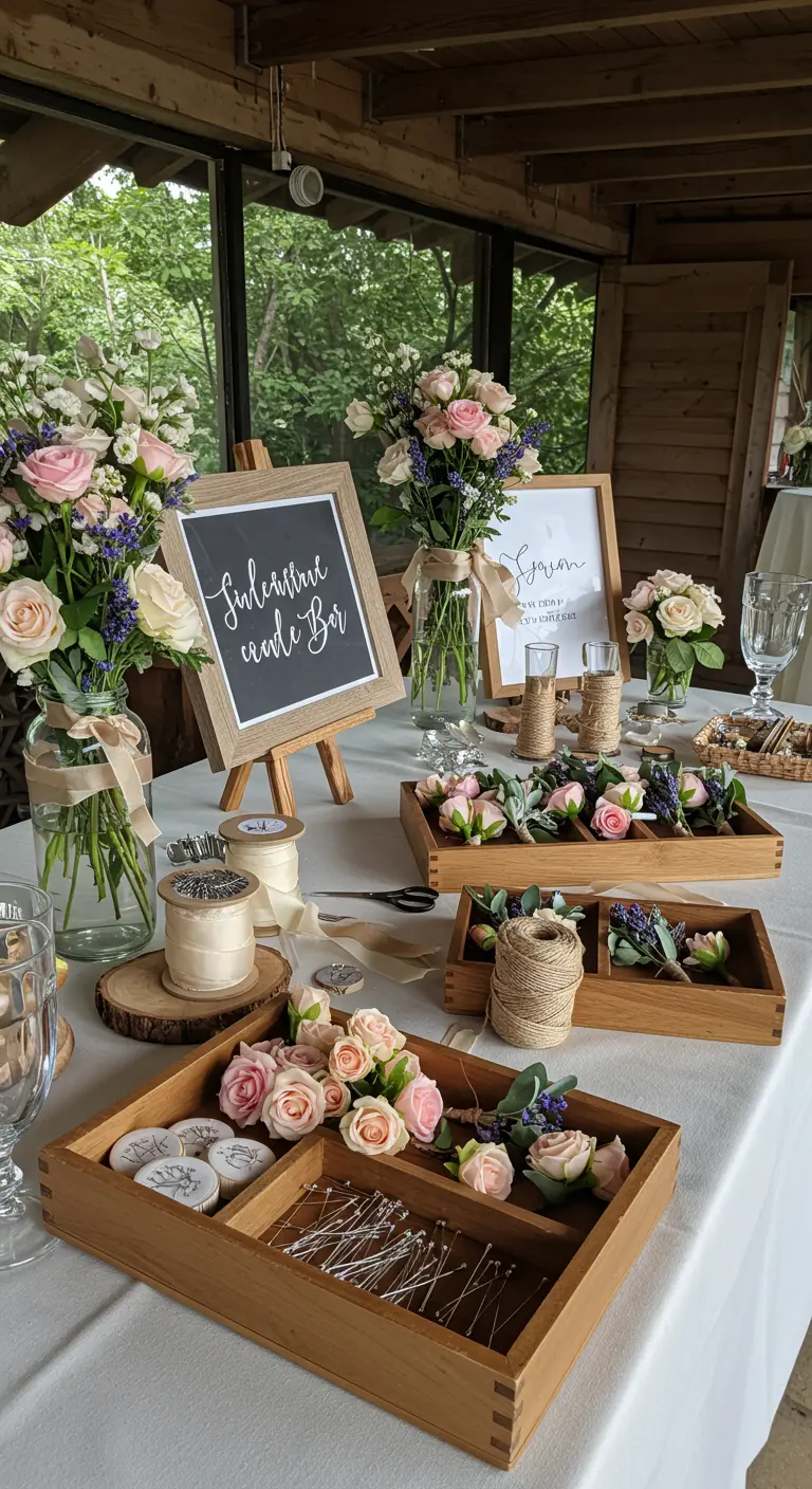 A DIY boutonnière station with trays of roses, lavender, twine, and pins.