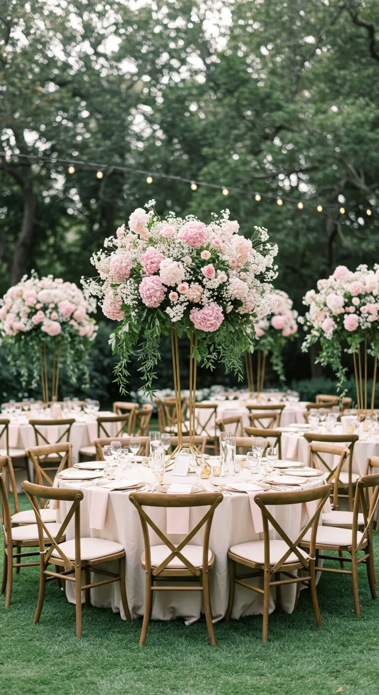 Tall gold stands holding enormous bouquets of pink flowers on round wedding tables.