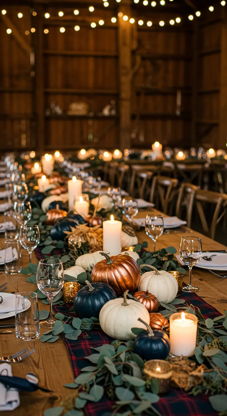 Fall tablescape with navy, white, and copper pumpkins on a plaid runner.