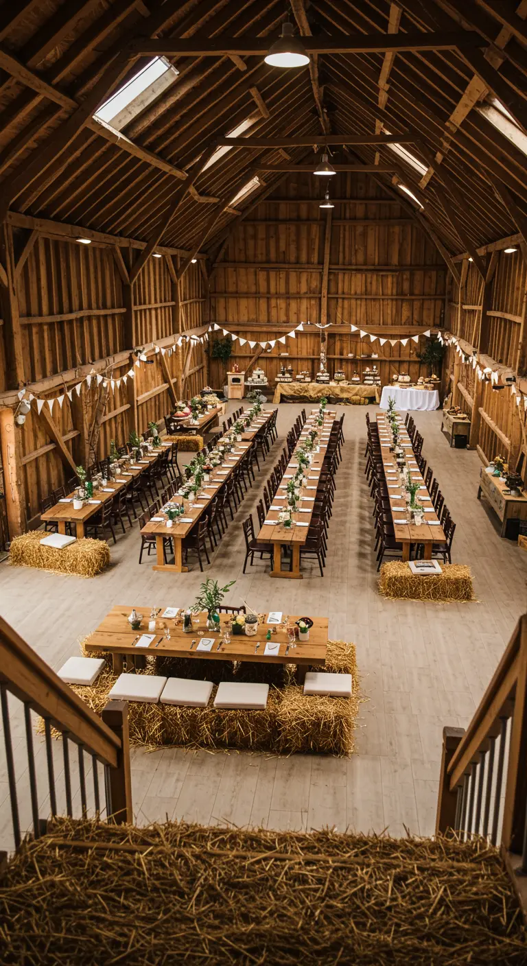 An aerial view of a barn reception with long tables and hay bale seating arranged neatly.