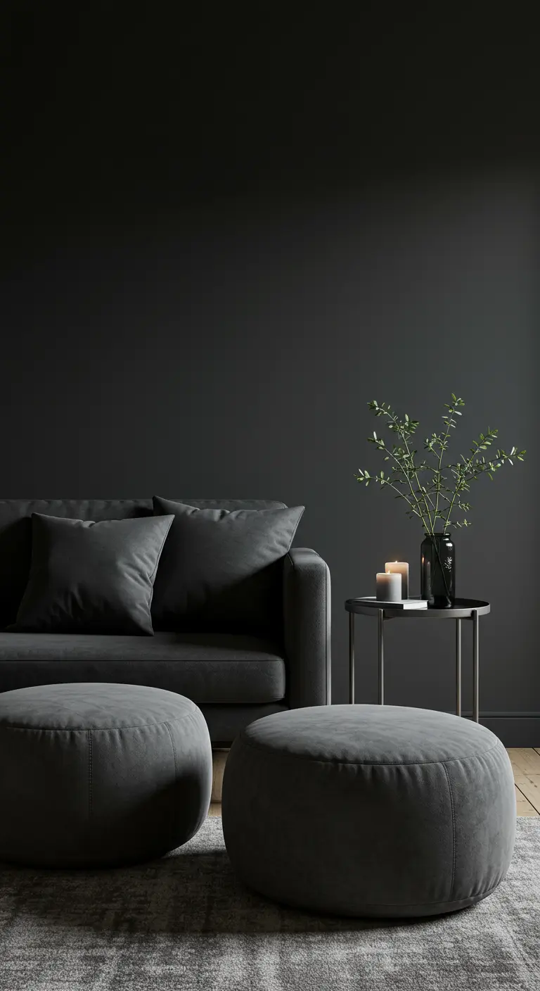 A charcoal sofa and two round ottomans sit in a minimalist room with dark walls.