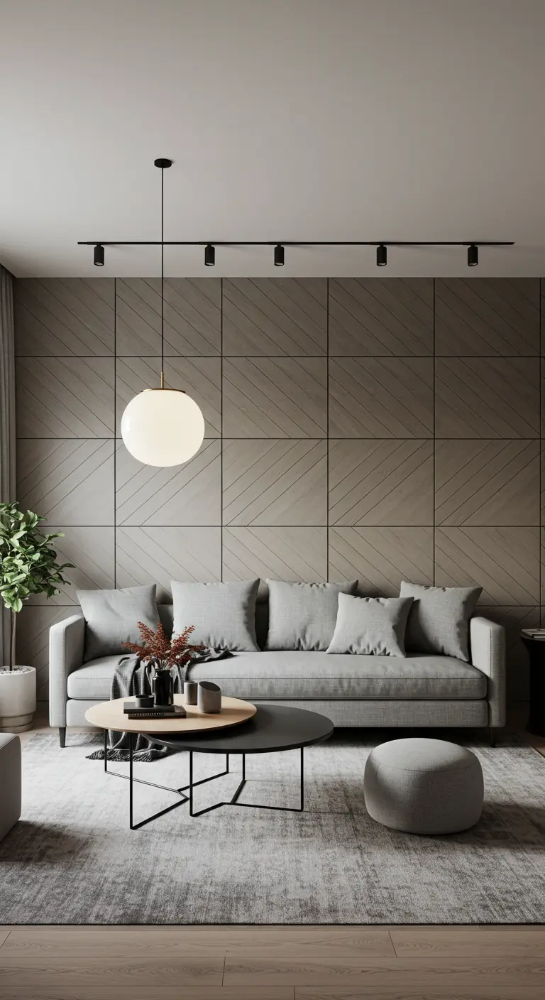 A living room with textured grey geometric wall panels and modern track lighting.