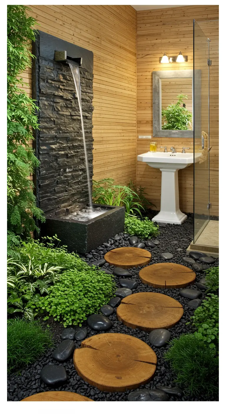 A bathroom garden with a slate waterfall and a path made of round wood slices.