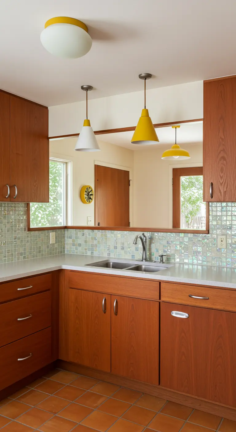 Teak kitchen with yellow and white pendants and an iridescent tile backsplash.