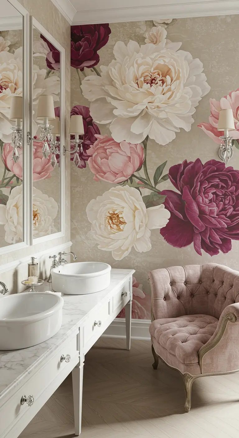 Romantic bathroom with large-scale floral wallpaper and a pink tufted chair.