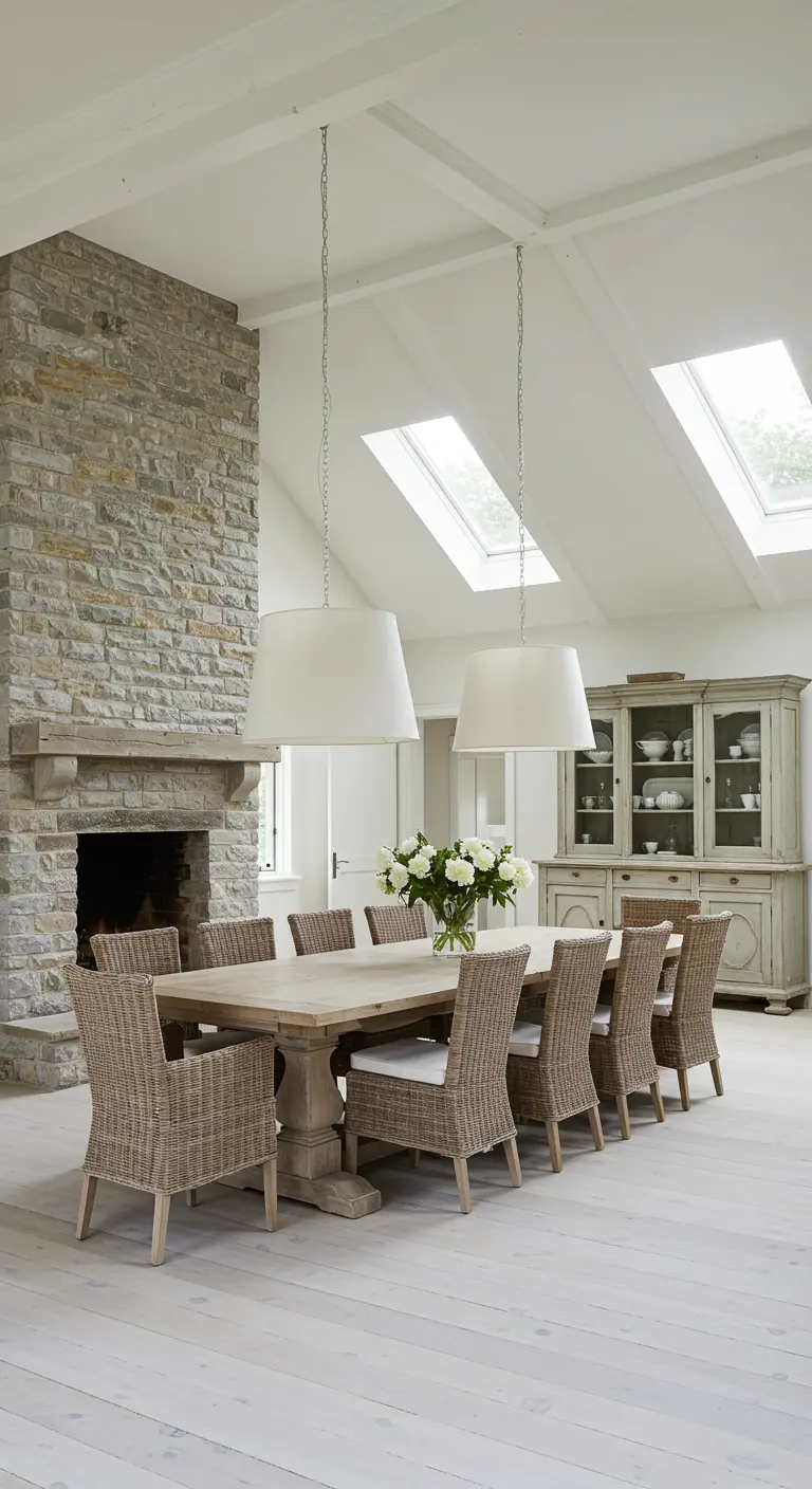 Grand dining room with a stone fireplace, long table, and two oversized white drum pendants.