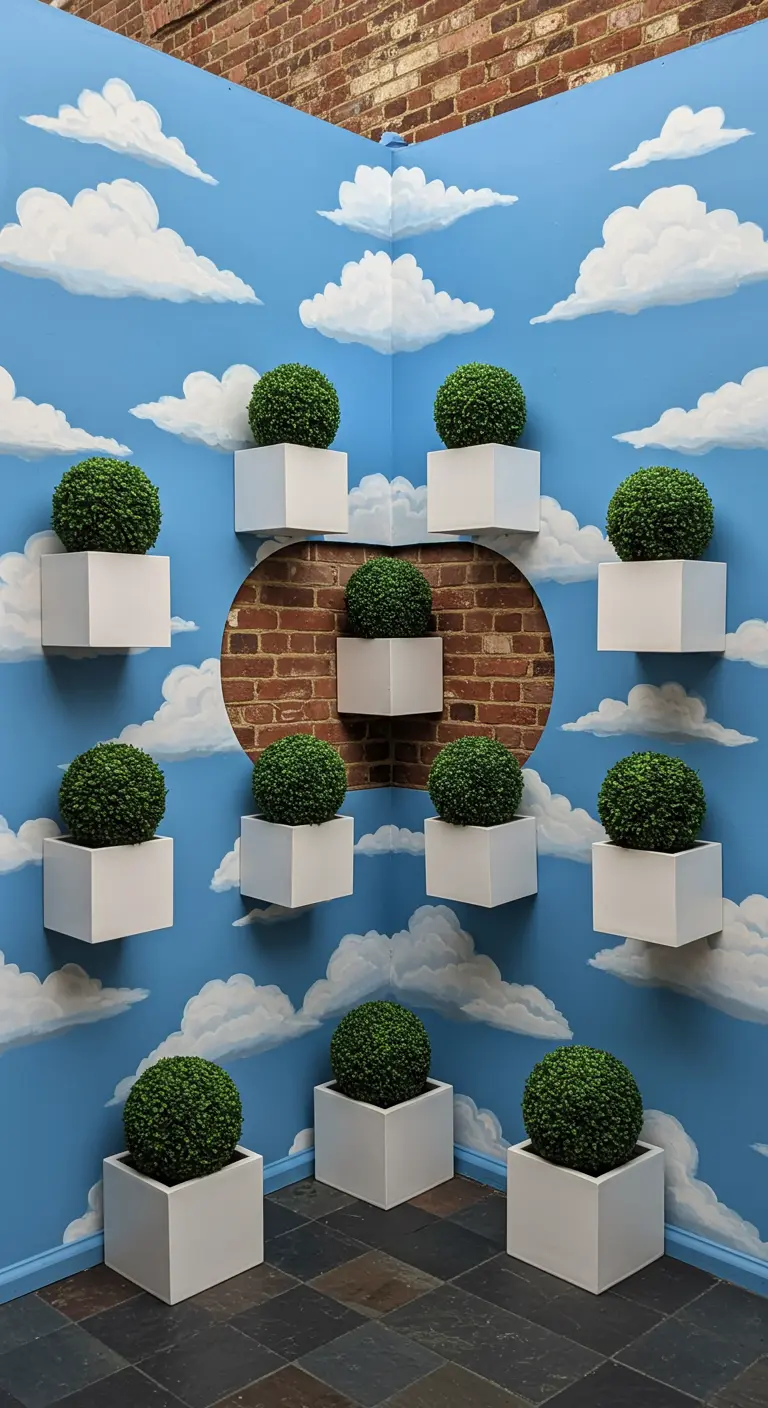 A surrealist corner with a painted blue sky and clouds, with cubed white planters holding green topiary balls.