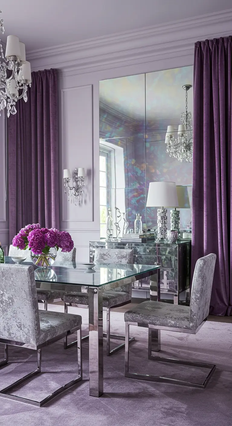 Lilac dining room with crushed velvet chairs and mirrored furniture.