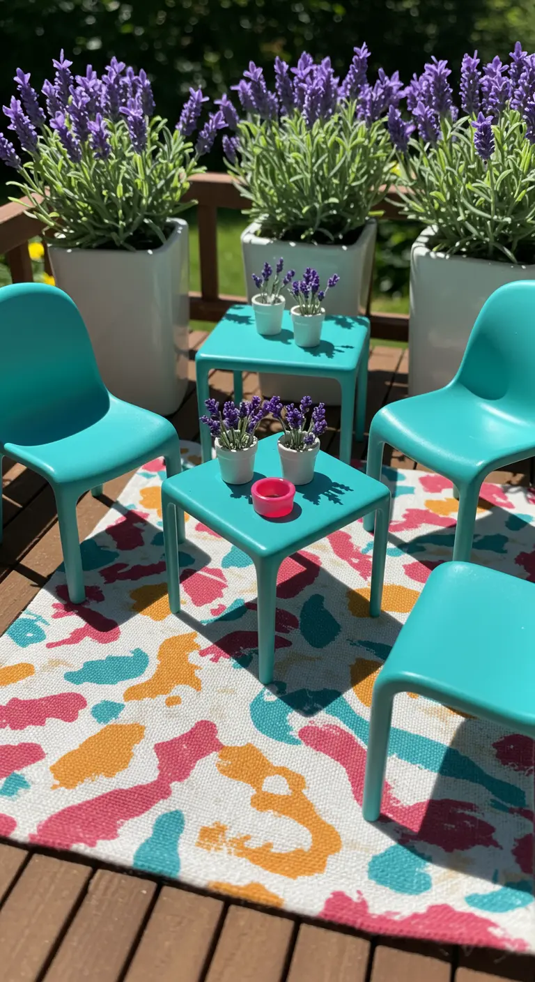 A sunny deck with bright turquoise chairs and tables, a colorful rug, and lavender in white planters.