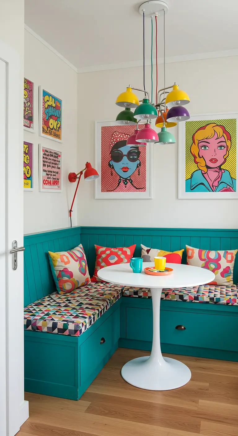 A colorful dining nook with a teal banquette, Pop Art prints, and patterned cushions.