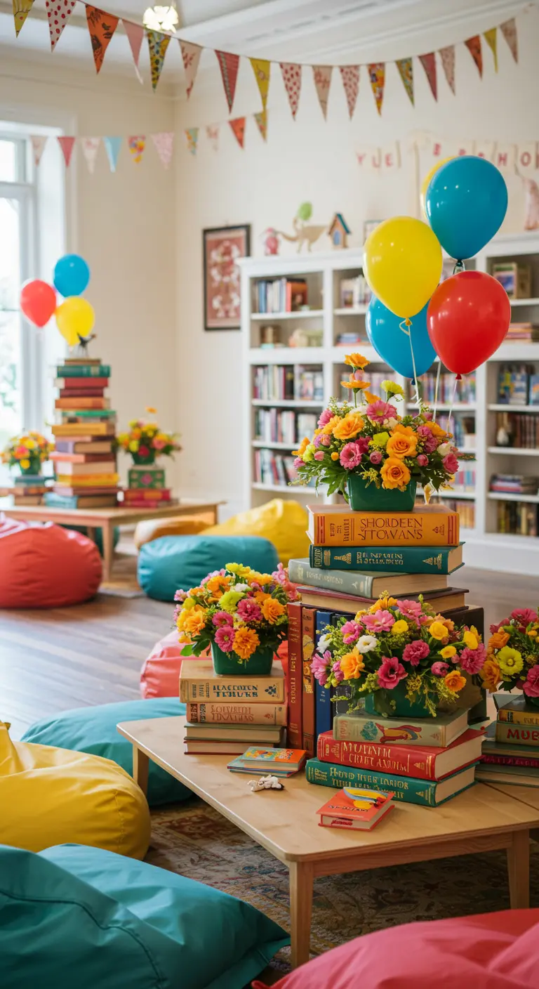 Colorful room with bean bags, bright book stacks, multi-colored flowers, and balloons.
