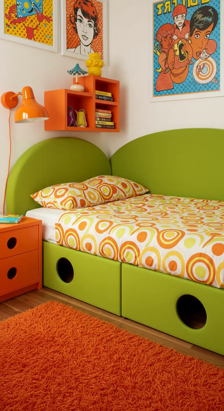 Kids' bedroom with a bright green bed, round cut-out drawers, and orange accents.