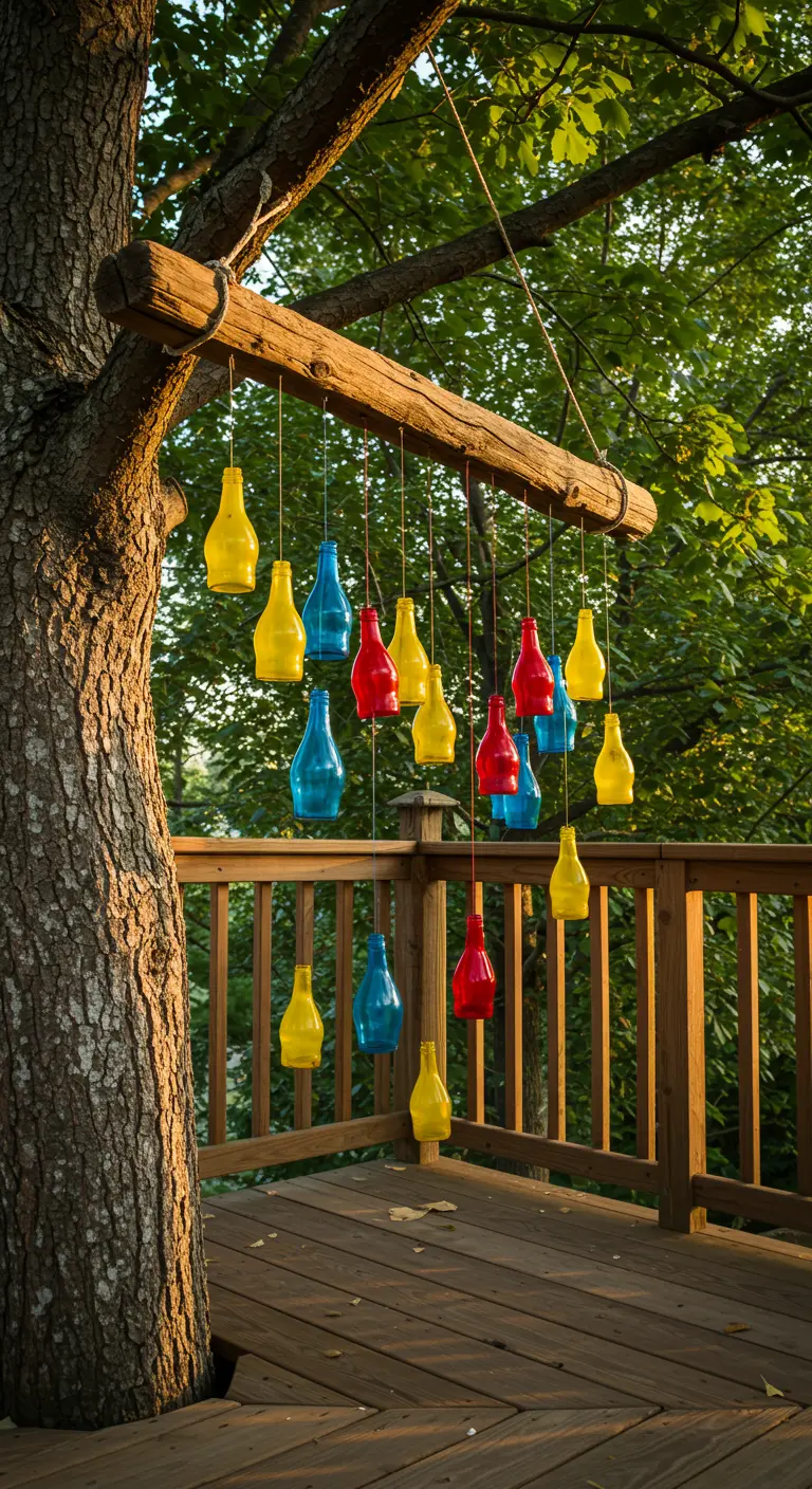 Red, yellow, and blue painted bottles hanging from a branch next to a wooden deck.