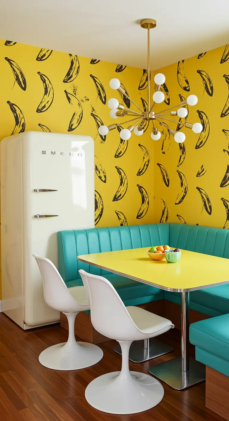 Retro kitchen nook with banana print wallpaper, a turquoise banquette, and a yellow table.