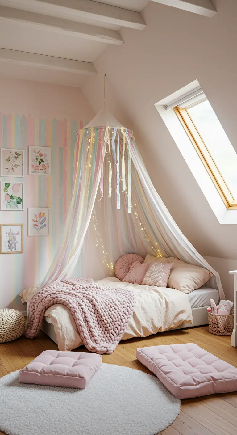Child's bedroom with pastel striped wall, ribbon canopy, and pink floor cushions.
