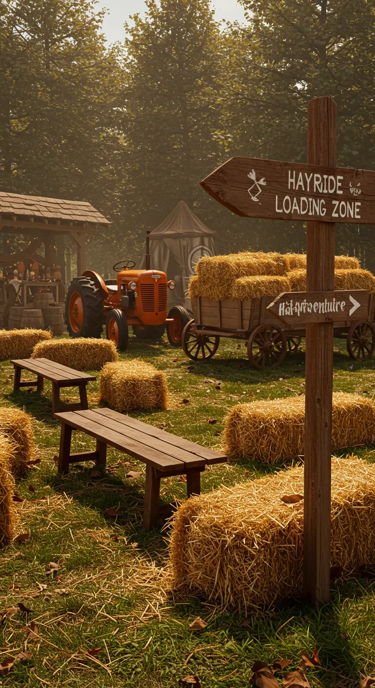 A hand-painted wooden sign pointing to a 'Hayride Loading Zone' with a tractor in the back.