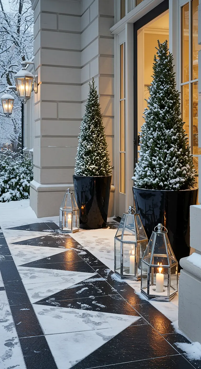 A formal entryway with geometric tiles, glossy black pots, and silver lanterns.