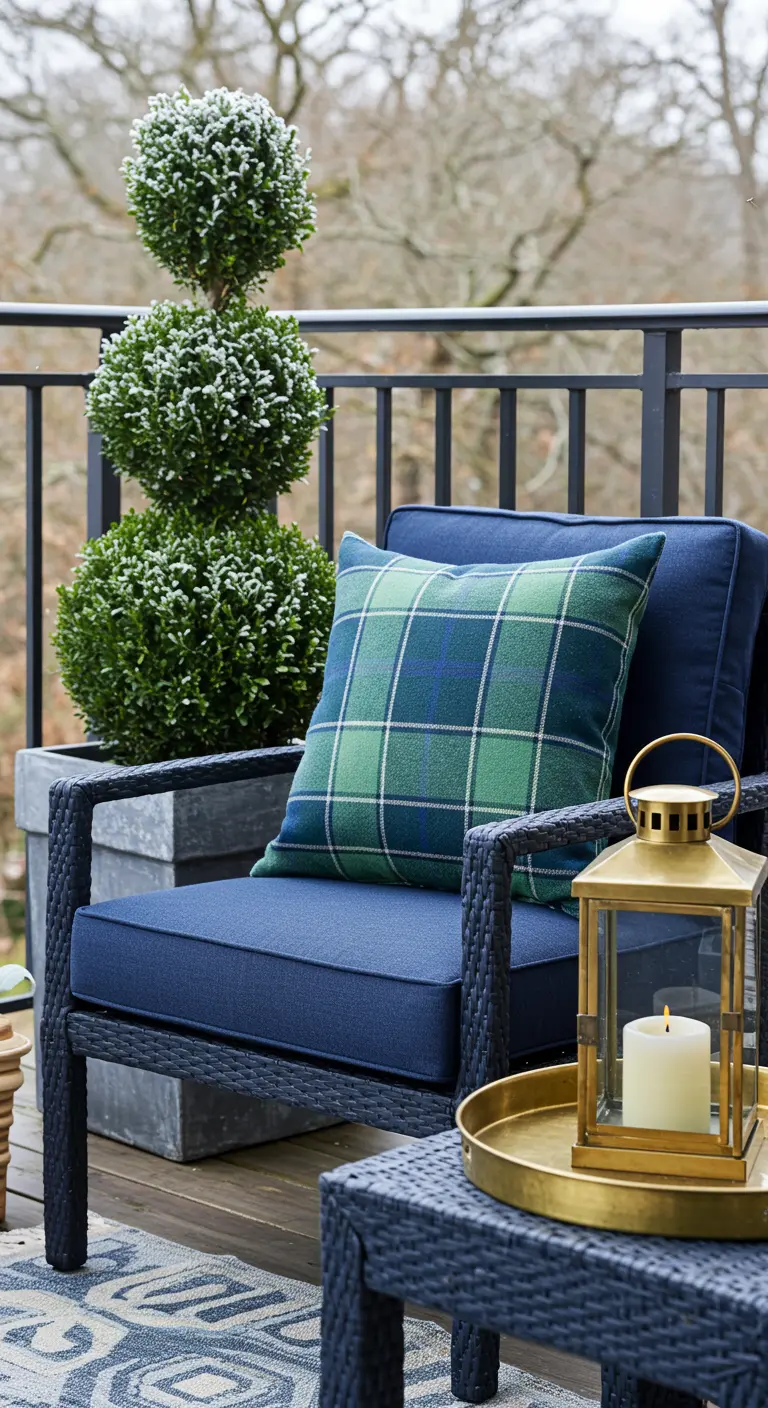 A polished balcony with a navy chair, green plaid pillow, boxwood topiary, and brass lantern.