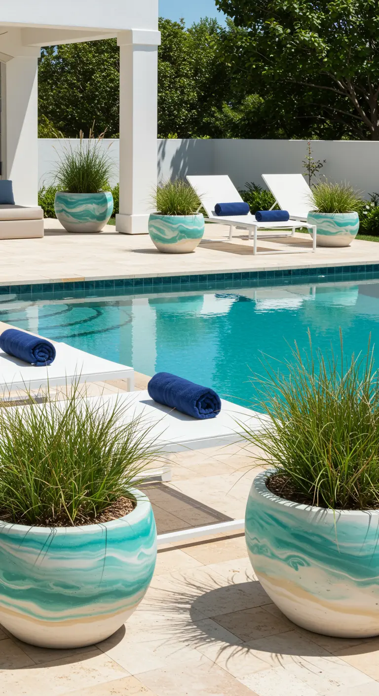 Large, rounded poolside planters marbled in turquoise and beige, filled with ornamental grass.