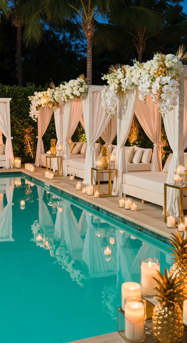 Luxe poolside cabanas draped in white with floral arrangements and candles.