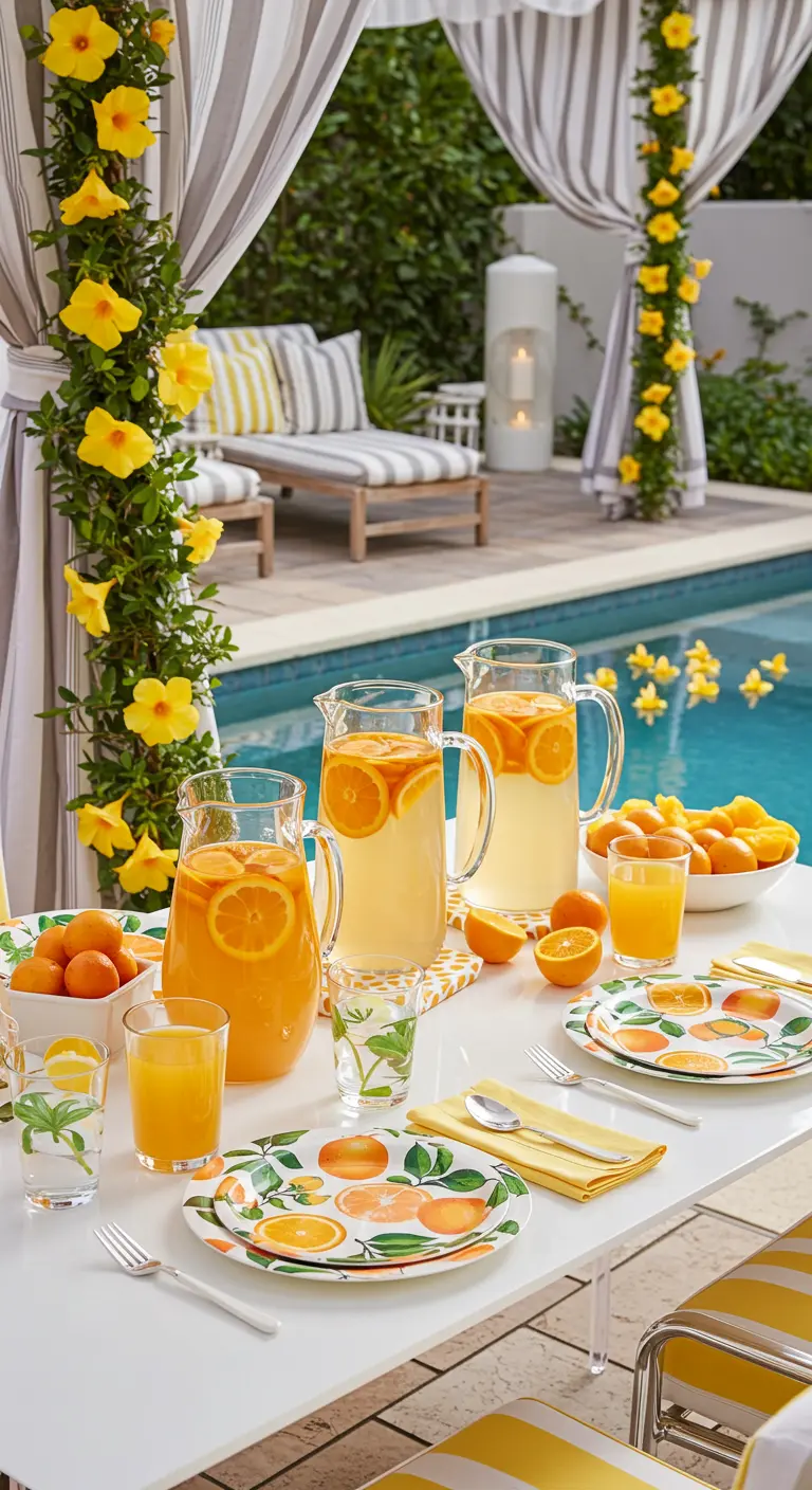 A poolside table with citrus-print plates and pitchers of orange juice.