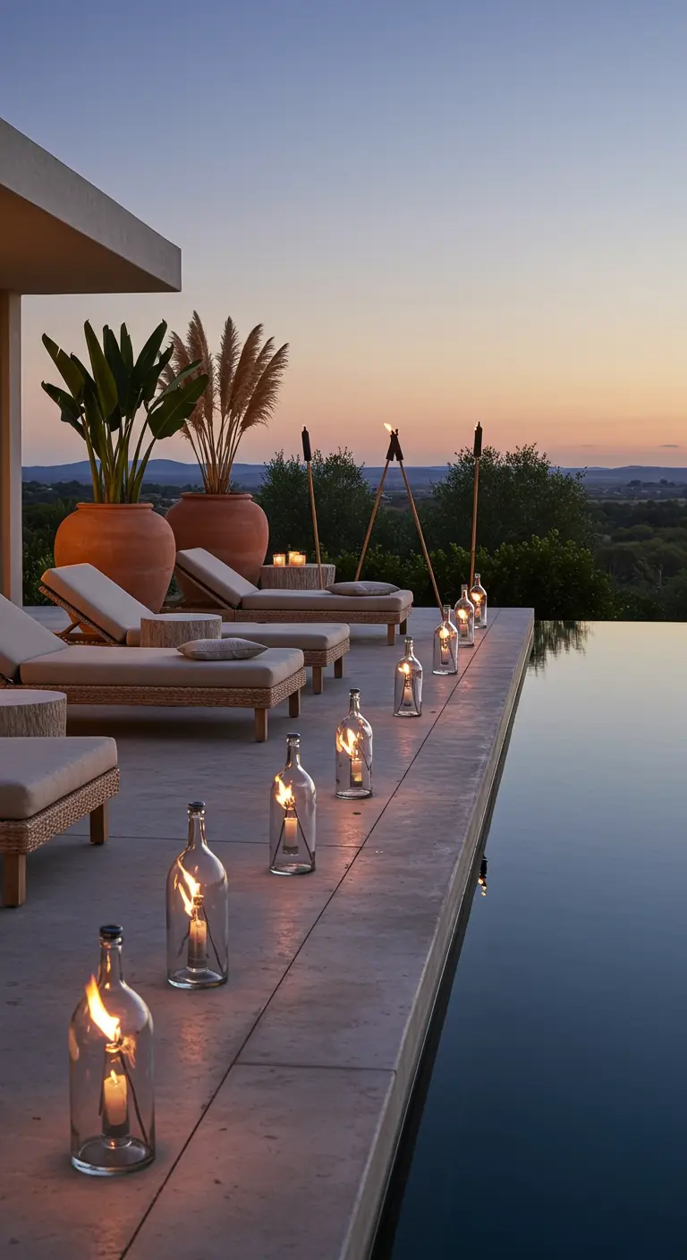 A row of clear glass bottle torches lining the edge of a modern swimming pool at sunset.