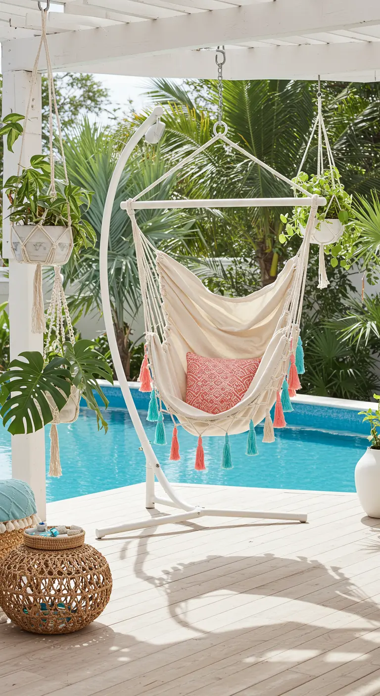 A hammock chair with a white stand and pastel tassels sits by a swimming pool.
