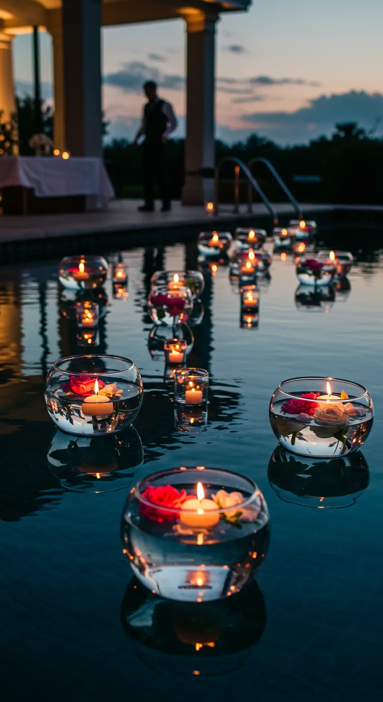 Glass bowls with floating candles and roses drifting in a swimming pool at dusk.