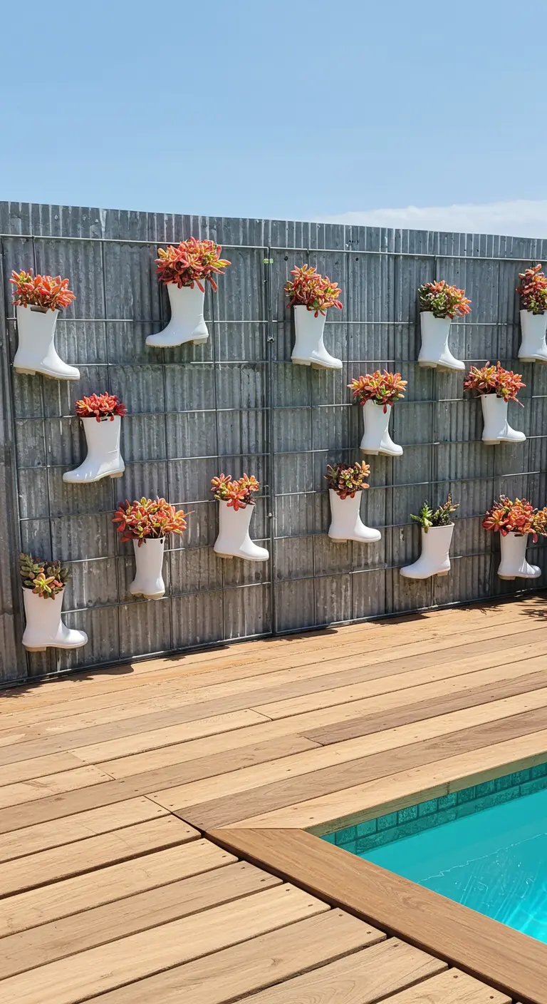 White rain boots with orange succulents on a metal fence by a swimming pool.