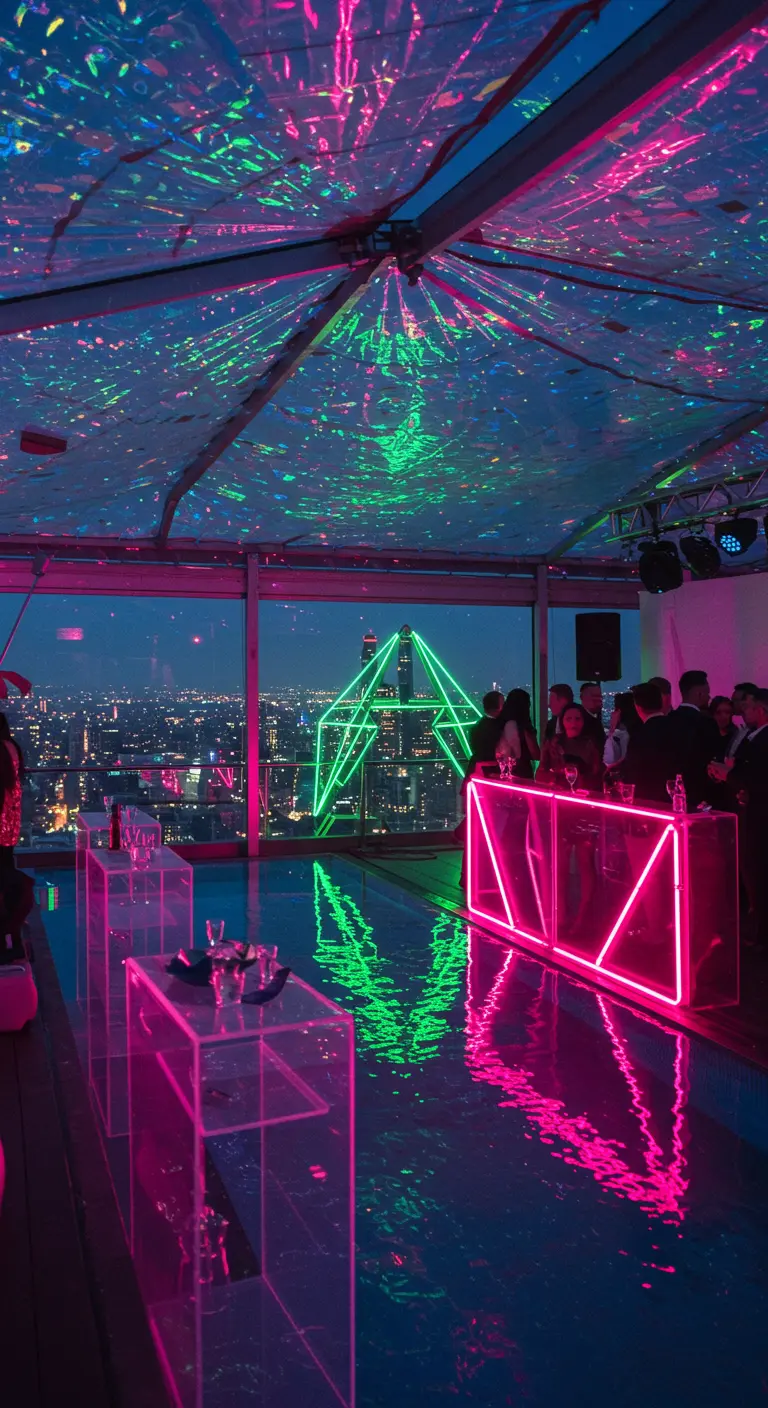 A rooftop pool party with vibrant pink and green neon lighting reflecting on the water.
